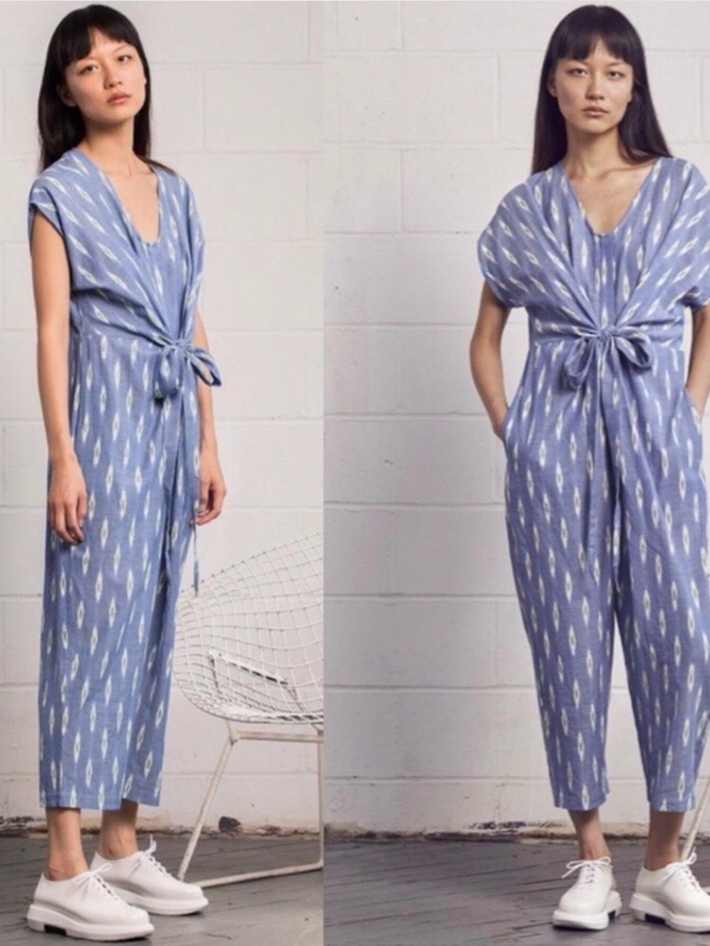 Rujuta Sheth Venus Wrap Oversized Cotton Blue Ikat Tie Front Jumpsuit Size XS - Picture 2 of 9